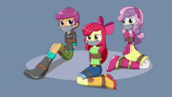 Size: 1280x720 | Tagged: safe, artist:nivek15, artist:sonicrock56, apple bloom, scootaloo, sweetie belle, equestria girls, g4, animated, arm behind back, blinking, bondage, boots, bound, bound and gagged, bow, clothes, cutie mark crusaders, female, gag, gray background, help us, jeans, muffled words, pants, rope, rope bondage, shoes, shorts, simple background, skirt, sound, struggling, tape, tape gag, tied up, webm