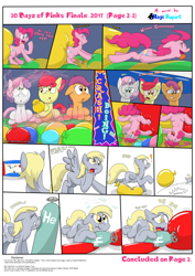 Size: 2480x3508 | Tagged: safe, artist:rupert, apple bloom, derpy hooves, pinkie pie, scootaloo, sweetie belle, earth pony, pegasus, pony, unicorn, series:30 dayz of pinks, g4, balloon, balloon riding, bouncing, bouncy castle, circling stars, comic, cute, cutie mark crusaders, derp, descriptive noise, dizzy, featureless crotch, female, filly, happy, helium tank, high res, inflatable, mare, onomatopoeia, playing, silly, squeak, squishy, that pony sure does love balloons, tongue out, upside down