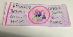 Size: 2048x1058 | Tagged: safe, artist:nootaz, twilight sparkle, pony, g4, don't dead open inside, irl, money, mouth hold, photo, traditional art, twiggie