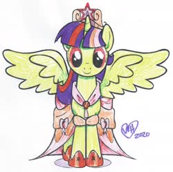Size: 1896x1892 | Tagged: safe, artist:buttercupsaiyan, twilight sparkle, alicorn, g4, big crown thingy, clothes, coronation dress, dress, element of magic, heartnotes, jewelry, marker, recolor, regalia, solo, traditional art, twilight sparkle (alicorn)