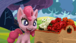 Size: 800x450 | Tagged: safe, screencap, pinkie pie, earth pony, pony, g4.5, my little pony: stop motion short, pinkie pie vs the flowers, animated, cart, eye shimmer, eyes on the prize, female, flower, gif, invisible stallion, mare, open mouth, panting, rose, smiling, solo, stop motion