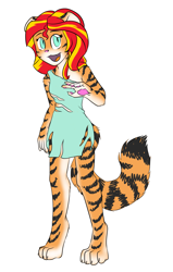Size: 1801x2835 | Tagged: safe, artist:catlover1672, sunset shimmer, big cat, tiger, anthro, digitigrade anthro, g4, clothes, cute, dress, fangs, female, flora (twokinds), furrified, furry, high res, keidran, nyanset shimmer, shimmerbetes, simple background, solo, species swap, sunset tiger, twokinds, white background