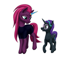 Size: 2050x1591 | Tagged: safe, artist:vasillium, fizzlepop berrytwist, tempest shadow, oc, oc:nyx, alicorn, pony, unicorn, g4, accessory, alicorn oc, clothes, cutie mark, eye scar, female, filly, happy, headband, horn, looking at each other, mare, moon, nostrils, prosthetic horn, prosthetics, scar, shield, simple background, teeth, tempest gets her horn back, transparent background, uniform, wings