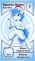 Size: 800x1399 | Tagged: safe, artist:vavacung, oc, oc:sports news, pegasus, pony, character card, hat, male, pactio card, pegasus oc, wings