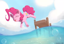 Size: 4966x3420 | Tagged: safe, artist:perezadotarts, derpibooru exclusive, pinkie pie, earth pony, pony, g4, bubble, cloud, cutie mark, digital art, digital painting, female, jumping, lineless, pier, sky, solo, text, underwater, water