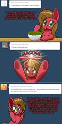 Size: 1200x2404 | Tagged: safe, artist:clouddg, oc, oc:pun, earth pony, pony, ask pun, ask, bacon, comic, food, meat, ponies eating meat, salad