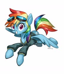 Size: 1400x1625 | Tagged: safe, artist:azamiii, rainbow dash, pegasus, pony, g4, bomber jacket, clothes, cute, dashabetes, female, flying, jacket, looking at you, simple background, solo, spread wings, white background, wings