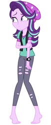 Size: 354x857 | Tagged: safe, artist:aqua-pony, editor:thomasfan45, starlight glimmer, human, equestria girls, equestria girls specials, g4, my little pony equestria girls: mirror magic, barefoot, beanie, clothes, cute, feet, female, hat, legs, nervous, pants, rubbing arm, shirt, simple background, solo, vector, vest, watch, white background