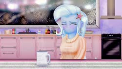 Size: 1024x576 | Tagged: safe, artist:bloodtoon, trixie, equestria girls, g4, blushing, clothes, coffee, female, kitchen, smiling, solo, sweater