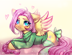 Size: 2600x2000 | Tagged: safe, artist:zefirka, fluttershy, pegasus, pony, alternate hairstyle, bow, braid, clothes, cute, digital art, female, heart, looking at you, mare, prone, shyabetes, smiling, socks, solo, spread wings, stockings, striped socks, sweater, sweatershy, tail bow, thigh highs, wings