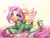 Size: 2600x2000 | Tagged: safe, artist:zefirka, fluttershy, pegasus, pony, g4, alternate hairstyle, bow, braid, clothes, cute, digital art, female, heart, high res, looking at you, mare, prone, shyabetes, smiling, socks, solo, spread wings, stockings, striped socks, sweater, sweatershy, tail bow, thigh highs, wings