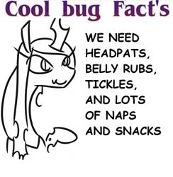 Size: 998x1024 | Tagged: safe, artist:jargon scott, edit, queen chrysalis, changeling, changeling queen, g4, background pony strikes again, caption, comic sans, cool bug facts, facts, female, grammar error, grocers' apostrophe, image macro, meme, ponified meme, solo, text, why