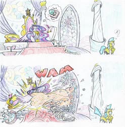 Size: 1024x1037 | Tagged: safe, artist:grimmyweirdy, smolder, twilight sparkle, alicorn, pony, unicorn, comic:dragon diplomacy, g4, the last problem, future, guard, kidnapped, misleading thumbnail, older, older twilight, older twilight sparkle (alicorn), onomatopoeia, princess twilight 2.0, royal guard, sleeping, sound effects, stained glass, throne room, traditional art, twilight sparkle (alicorn), zzz