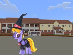 Size: 2048x1536 | Tagged: safe, artist:topsangtheman, cloud kicker, pegasus, pony, g4, clothes, costume, female, house, looking at you, minecraft, photoshopped into minecraft, solo, traditional art, witch