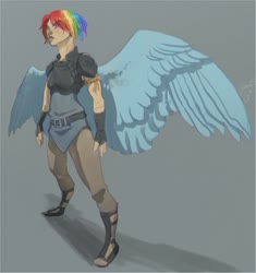 Size: 1280x1360 | Tagged: safe, artist:joan-grace, rainbow dash, human, g4, alternate hairstyle, alternate universe, armor, belt, blue background, boots, clothes, female, fingerless gloves, gloves, humanized, pants, rope, scar, shirt, shoes, simple background, solo, winged humanization, wings