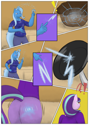 Size: 886x1240 | Tagged: safe, artist:dragontissdragon, starlight glimmer, trixie, unicorn, anthro, g4, ass, blast, butt, comic, commission, duo, exclamation point, expansion, finger gun, food, frying pan, glimmer glutes, glowing horn, growth, horn, interrobang, looking back, magic, magic beam, magic blast, muffin, question mark, reflected, spell, this will end in weight gain, zapped