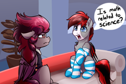 Size: 4000x2670 | Tagged: safe, artist:witchtaunter, oc, oc only, bat pony, pegasus, pony, bat pony oc, bat wings, clothes, commission, confused, couch, math, ponified, science, socks, speech bubble, striped socks, unamused, wings