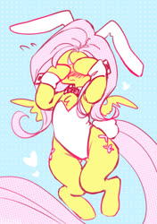 Size: 705x1000 | Tagged: safe, artist:kirinit, fluttershy, pegasus, pony, g4, blushing, both cutie marks, bow, bunny ears, bunny suit, bunny tail, chest fluff, clothes, costume, covering eyes, cute, embarrassed, explicit source, female, floating heart, heart, hooves on face, leotard, necktie, shyabetes, signature, simple background, sketch, solo, thighs, white leotard, wings, wrist cuffs
