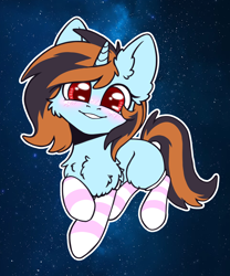 Size: 2000x2400 | Tagged: safe, artist:dorkmark, oc, oc only, pony, unicorn, blushing, cheek fluff, chest fluff, clothes, ear fluff, happy, high res, smiling, socks, solo, space, stockings, striped socks, thigh highs, weightlessness