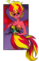Size: 1280x1984 | Tagged: dead source, safe, artist:wubcakeva, sunset shimmer, demon, equestria girls, g4, my little pony equestria girls, big crown thingy, clothes, dark magic, dress, element of magic, female, jewelry, magic, open mouth, regalia, sharp teeth, simple background, solo, sunset satan, teeth, transparent background