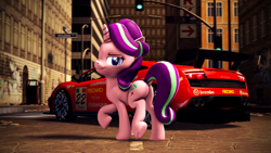 Size: 3840x2160 | Tagged: safe, artist:psfmer, starlight glimmer, pony, unicorn, g4, 3d, 4k, building, butt, car, city, dock, female, glimmer glutes, high res, lamborghini gallardo, looking at you, looking back, looking back at you, plot, raised leg, revamped ponies, road, scrunchy face, smiling, smirk, solo, source filmmaker, street sign, traffic light, urban