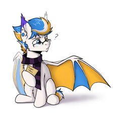 Size: 2000x1800 | Tagged: safe, artist:dorkmark, oc, oc only, oc:alan techard, bat pony, pony, clothes, colored wings, cyrillic, ear piercing, glasses, heterochromia, multicolored wings, one wing out, perplexed, piercing, question mark, russian, scarf, sitting, solo, wings