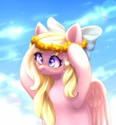 Size: 1280x1375 | Tagged: safe, artist:avrameow, oc, oc only, oc:bay breeze, pegasus, pony, blushing, bow, cottagecore, cute, female, floral head wreath, flower, hair bow, mare, ocbetes, signature, solo