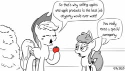 Size: 1200x675 | Tagged: safe, artist:pony-berserker, apple bloom, applejack, earth pony, pony, pony-berserker's twitter sketches, g4, apple, apples and apple accessories, food, halftone, hay, king of the hill, monochrome, partial color, speech bubble, that pony sure does love apples