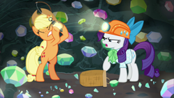 Size: 1920x1080 | Tagged: safe, screencap, applejack, rarity, earth pony, pony, unicorn, dragon dropped, g4, applejack's hat, basket, bipedal, bow, cave, clothes, complaining, cowboy hat, displeased, duo, eyes closed, female, gem, gem cave, gritted teeth, hair bow, hard hat, hoof hold, lantern, mare, mining helmet, narrowed eyes, ponytail, raised hoof, rarity is not amused, replacement, scolding, shirt, stetson, struggling, tied tail, unamused