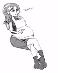Size: 1280x1600 | Tagged: safe, artist:riddleaellinea, sunset shimmer, equestria girls, g4, belly, big belly, big breasts, breasts, busty sunset shimmer, crossed legs, monochrome, preggo shimmer, pregnant, pregnant equestria girls, simple background, sitting, sunset preggers, tight clothing, white background, wide eyes