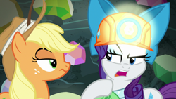 Size: 1920x1080 | Tagged: safe, screencap, applejack, rarity, earth pony, pony, unicorn, dragon dropped, g4, applejack is not amused, applejack's hat, cowboy hat, displeased, duo, female, freckles, frown, gem, gem cave, glare, hard hat, hoof on chest, mare, mining helmet, narrowed eyes, raised eyebrow, rant, replacement, stetson, unamused