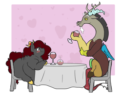 Size: 2400x1900 | Tagged: safe, artist:queenfrau, discord, oc, oc:queen frau, draconequus, earth pony, pony, g4, alcohol, candle, canon x oc, crack shipping, date, fat, heart, romantic, shipping, table, wine