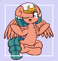 Size: 3072x3250 | Tagged: dead source, safe, artist:php142, somnambula, pegasus, pony, g4, belly button, chest fluff, crossed legs, cute, ear fluff, female, high res, mare, omnambula, one eye closed, open mouth, sitting, solo, somnambetes, wink, yoga