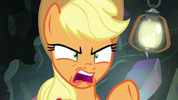 Size: 1920x1080 | Tagged: safe, screencap, applejack, earth pony, pony, dragon dropped, g4, angry, applejack is not amused, female, gem cave, irritated, lantern, looking at someone, mare, open mouth, pointing, ponytail, shrunken pupils, solo, unamused, uvula, yelling