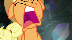 Size: 1920x1080 | Tagged: safe, screencap, applejack, earth pony, pony, dragon dropped, g4, angry, ears back, eyes closed, female, gem cave, mare, mawshot, open mouth, ponytail, solo, uvula, volumetric mouth, yelling