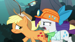 Size: 1920x1080 | Tagged: safe, screencap, applejack, rarity, earth pony, pony, unicorn, dragon dropped, g4, applejack's hat, clothes, cowboy hat, cutie mark, duo, female, freckles, frown, glare, hair bow, hard hat, lantern, looking at each other, mare, mining helmet, open mouth, ponytail, rarity is not amused, running, scared, scolding, shirt, stetson, unamused, yelling