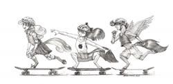 Size: 1600x775 | Tagged: safe, artist:baron engel, apple bloom, scootaloo, sweetie belle, earth pony, pegasus, unicorn, anthro, unguligrade anthro, g4, clothes, cutie mark crusaders, elbow pads, female, filly, gloves, grayscale, helmet, knee pads, monochrome, pencil drawing, shirt, shoes, shorts, simple background, skateboard, skateboarding, skirt, socks, tank top, traditional art, white background