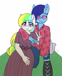 Size: 1089x1334 | Tagged: safe, artist:puetsua, oc, oc only, oc:brushie brusha, oc:laola, earth pony, pony, anthro, anthro oc, blushing, boots, bow, clothes, dress, duo, duo female, female, glasses, hippie, mare, pants, shoes, smiling