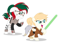 Size: 1280x910 | Tagged: safe, artist:razorbladetheunicron, oc, oc only, oc:scoop, oc:thrill seeker, earth pony, pegasus, pony, alternate hairstyle, anklet, base used, bracelet, clothes, duo, excited, facial markings, female, filly, jacket, jedi, jewelry, lightsaber, nervous, ponytail, robe, robes, simple background, star wars, teenager, transparent background, weapon