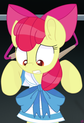 Size: 764x1117 | Tagged: safe, artist:rainbow eevee, apple bloom, earth pony, pony, g4, one bad apple, adorabloom, bow, clothes, cute, female, filly, looking down, sailor bloom, sailor moon (series), scene interpretation, solo