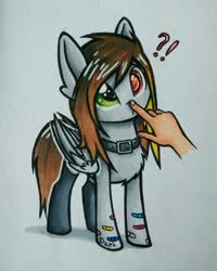 Size: 1352x1693 | Tagged: safe, artist:dorkmark, oc, oc only, pegasus, pony, bandaid, boop, collar, disembodied hand, exclamation point, hand, heterochromia, interrobang, old art, question mark, solo focus, traditional art