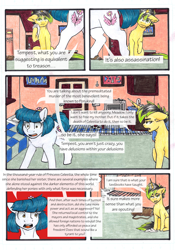 Size: 3336x4776 | Tagged: safe, artist:tillie-tmb, oc, oc only, oc:meadow lark, oc:tempest, earth pony, pony, unicorn, comic:the amulet of shades, comic, female, mare, traditional art