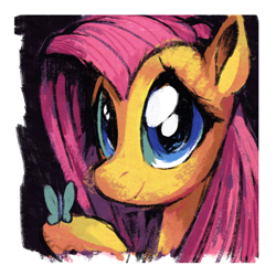 Size: 1500x1500 | Tagged: safe, artist:docwario, fluttershy, butterfly, pegasus, pony, g4, bust, female, looking at you, mare, portrait, raised hoof, smiling, solo, three quarter view