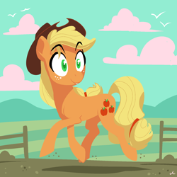 Size: 1500x1500 | Tagged: safe, artist:docwario, applejack, earth pony, pony, g4, cowboy hat, female, fence, hat, lineless, mare, smiling, solo, trotting