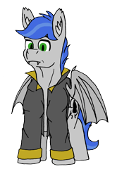 Size: 1713x2581 | Tagged: safe, artist:summerium, oc, oc only, oc:shade stride, bat pony, pony, bat wings, clothes, ear fluff, fangs, front view, jacket, male, sierra nevada, simple background, solo, transparent background, wings