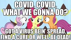 Size: 1280x720 | Tagged: safe, edit, edited screencap, editor:useraccount, screencap, apple bloom, scootaloo, sweetie belle, earth pony, pegasus, pony, unicorn, g4, one bad apple, babs seed song, bow, caption, coronavirus, covid-19, cutie mark crusaders, hair bow, image macro, implied death, song reference, text, trio