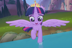 Size: 724x478 | Tagged: safe, screencap, twilight sparkle, alicorn, pony, g4, my little pony: the movie, cropped, crown, female, flying, jewelry, lake, looking down, mare, open mouth, regalia, solo, spread wings, twilight sparkle (alicorn), wings