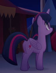 Size: 527x683 | Tagged: safe, screencap, twilight sparkle, alicorn, pony, g4, my little pony: the movie, butt, cropped, female, folded wings, mare, night, plot, rear view, smiling, solo, twilight sparkle (alicorn), wings