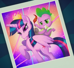 Size: 728x671 | Tagged: safe, screencap, spike, twilight sparkle, alicorn, dragon, pony, g4, my little pony: the movie, cropped, crown, dragons riding ponies, duckface, duo, female, jewelry, male, mare, picture, quill, raised hoof, regalia, riding, smiling, spike riding twilight, twilight sparkle (alicorn)
