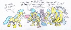 Size: 1024x439 | Tagged: safe, artist:grimmyweirdy, gallus, comic:dragon diplomacy, g4, the last problem, diplomat, facepalm, golden armor, guard, implied smolder, musical instrument, older, older gallus, royal guard, royal guard gallus, sousaphone, traditional art